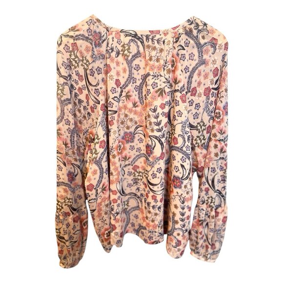 Loft Bloom Bubble Sleeve Henley Top XL Floral Lined Pink Round Neck Buttons - Picture 3 of 6